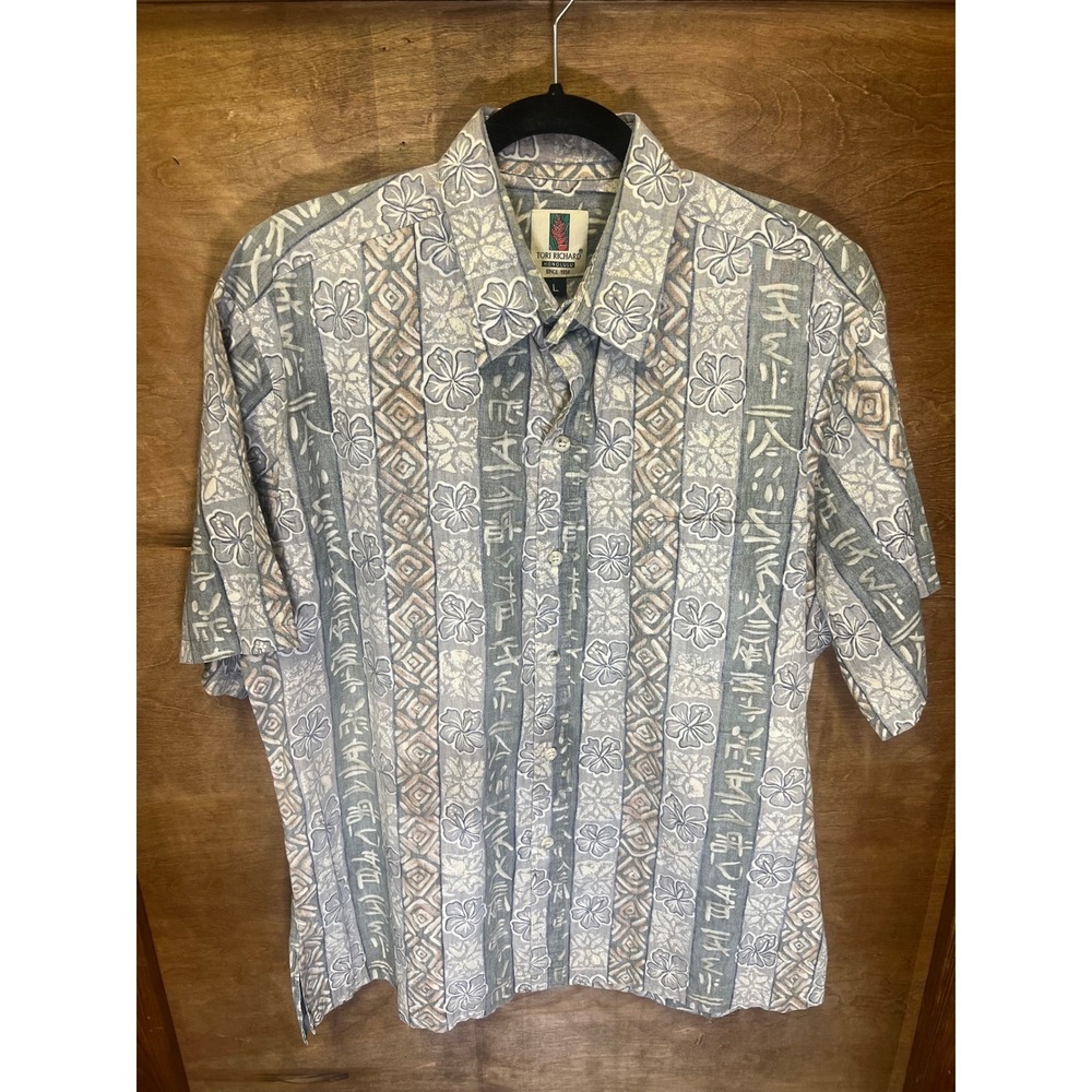 Tori Richard Honolulu Mens‎ Large Blue Hibiscus Stripe Hawaiian Aloha Shirt L